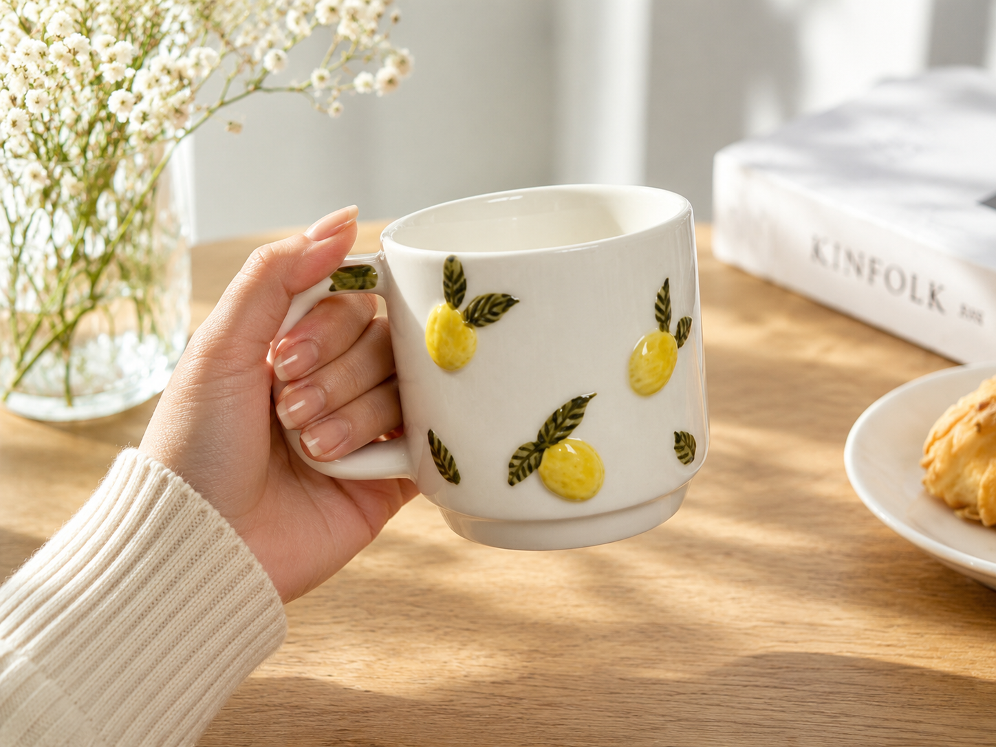 Ceramic Coffee Mug: Handcrafted Embossed Daisy & Hand-Painted Lemon Cup