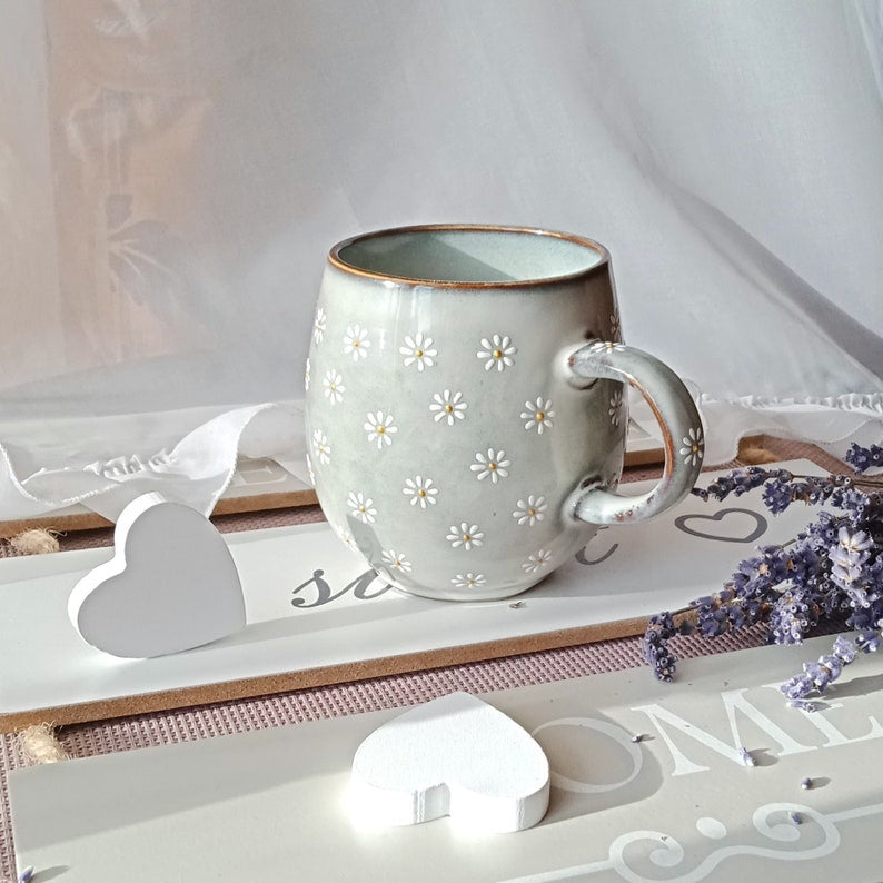 Daisy Ceramic Mug: Rustic Hand Painted Floral Coffee Cup