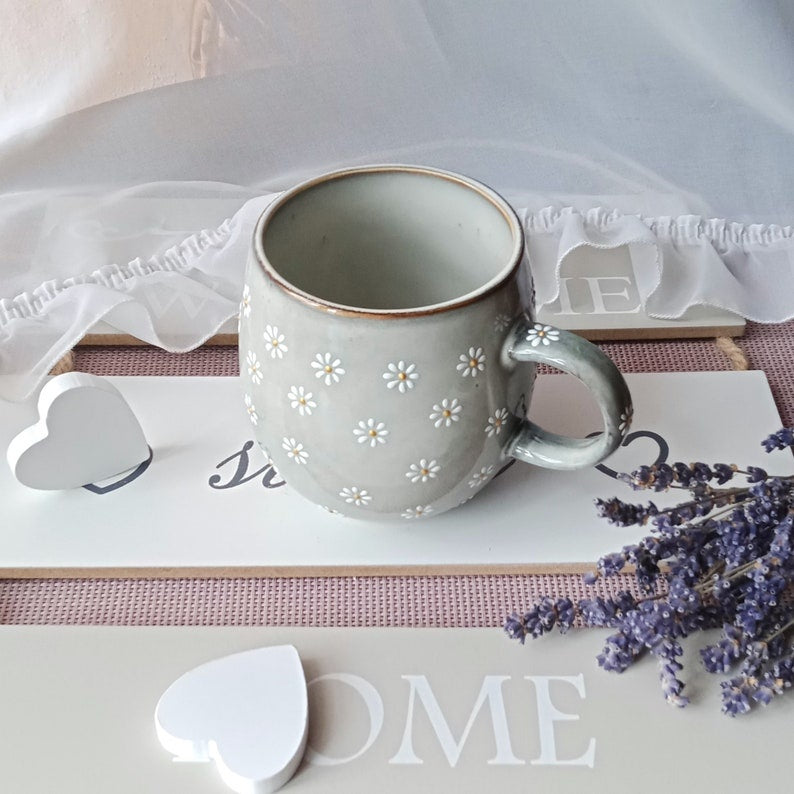 Daisy Ceramic Mug: Rustic Hand Painted Floral Coffee Cup