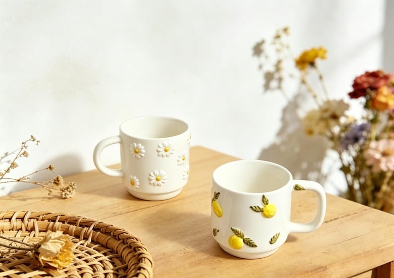 Ceramic Coffee Mug: Handcrafted Embossed Daisy & Hand-Painted Lemon Cup