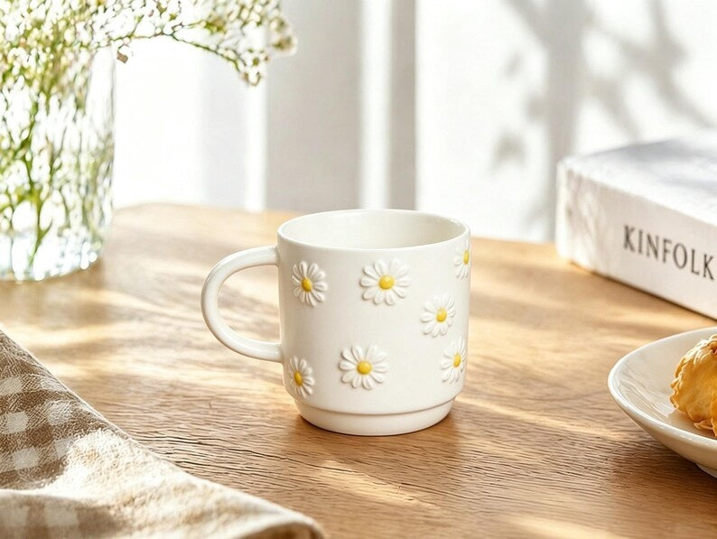 Ceramic Coffee Mug: Handcrafted Embossed Daisy & Hand-Painted Lemon Cup