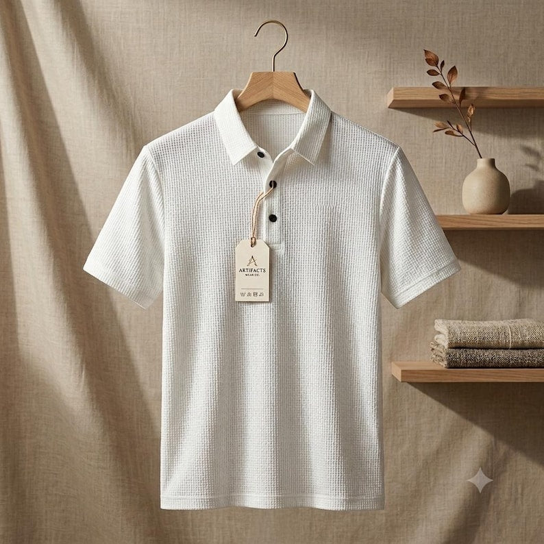 Men's Golf Polo Shirt: Bone Flower Print Short Sleeve Top