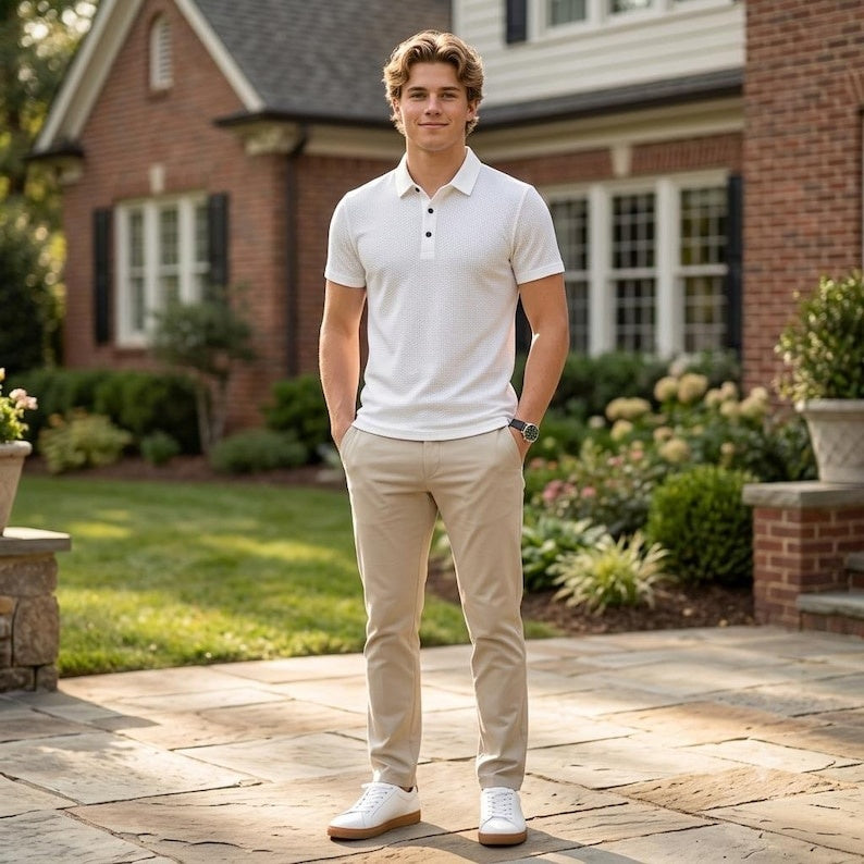 Men's Golf Polo Shirt: Bone Flower Print Short Sleeve Top