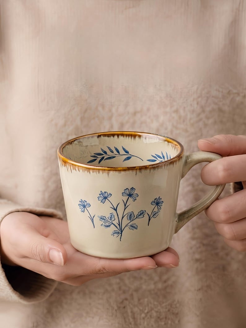 Vintage Coffee Mug: Hand-Drawn Ceramic Tea Cup