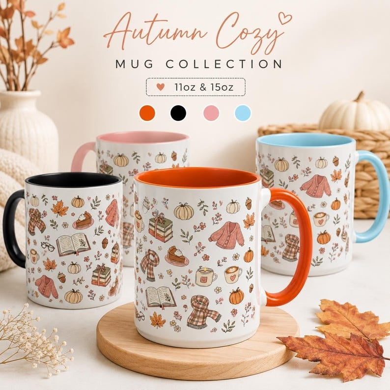 Cozy Fall Mug: Pumpkin & Book Sweater Pattern Ceramic Coffee Cup