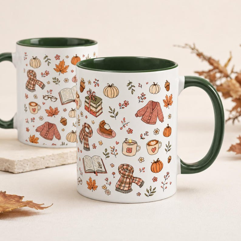 Cozy Fall Mug: Pumpkin & Book Sweater Pattern Ceramic Coffee Cup