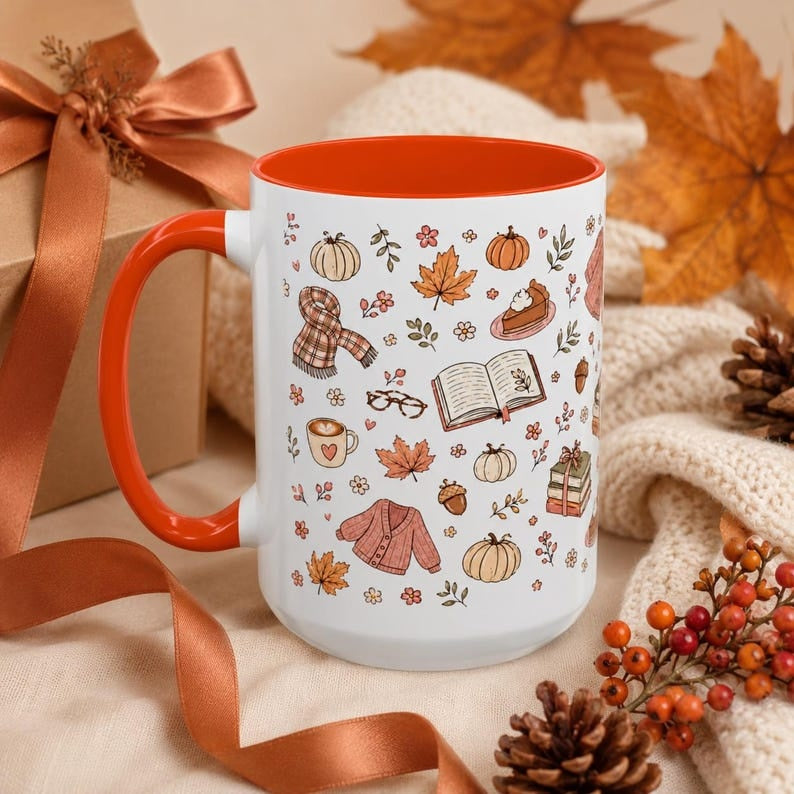 Cozy Fall Mug: Pumpkin & Book Sweater Pattern Ceramic Coffee Cup
