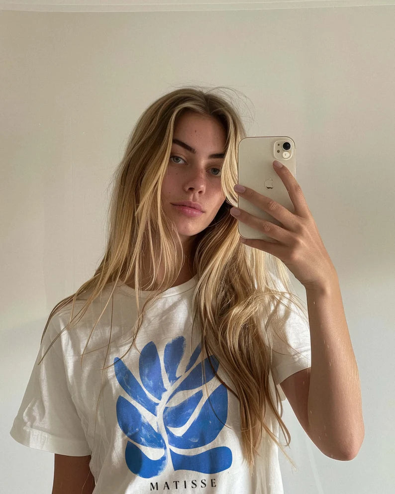 Blue Matisse Plant Graphic Tee - Vintage-Inspired Art T-Shirt & Aesthetic Botanical Top