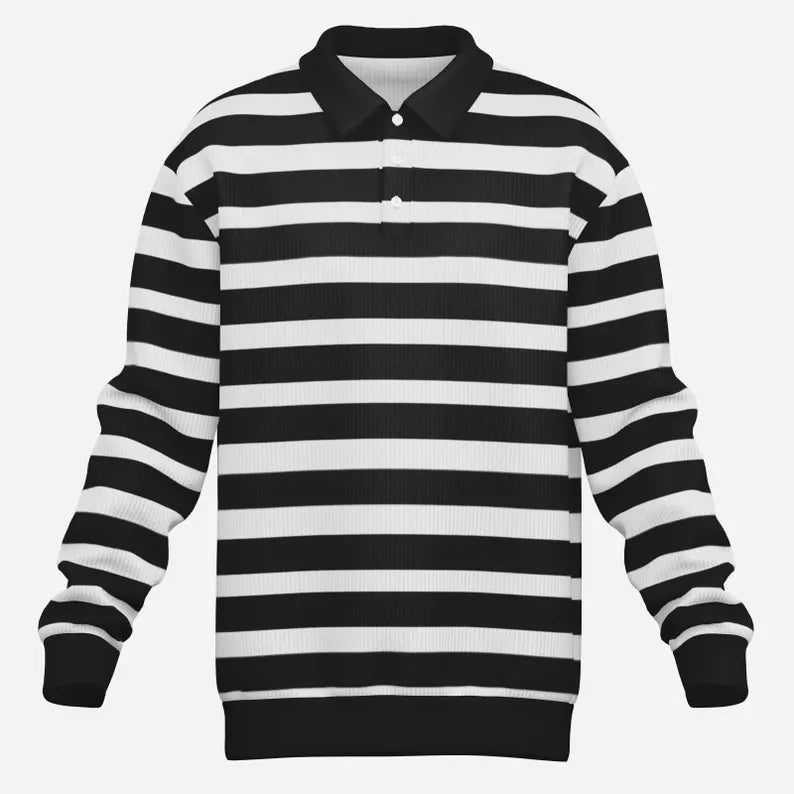 90s Vintage Long Sleeve Striped Polo Sweater Men