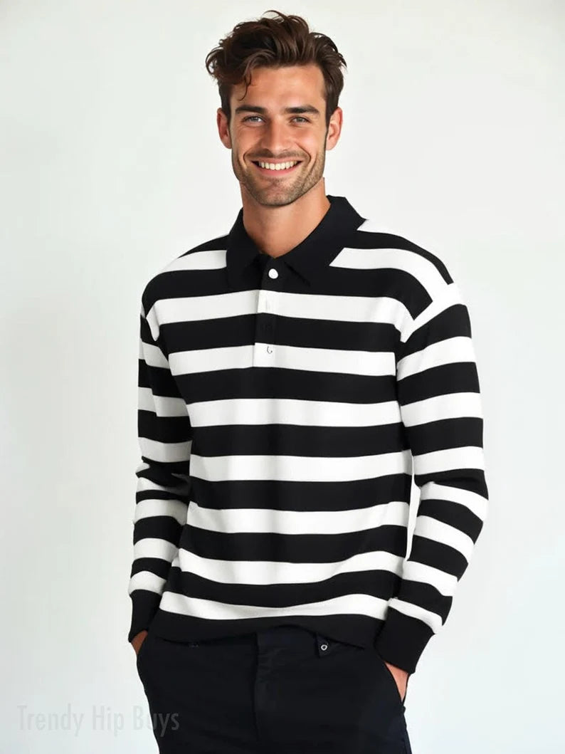 90s Vintage Long Sleeve Striped Polo Sweater Men