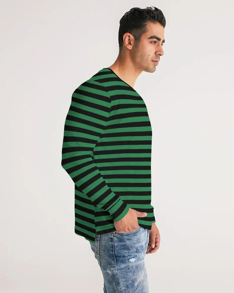 Black & Green Striped Long Sleeve T-Shirt | Unisex Grunge Aesthetic Crew Neck Tee