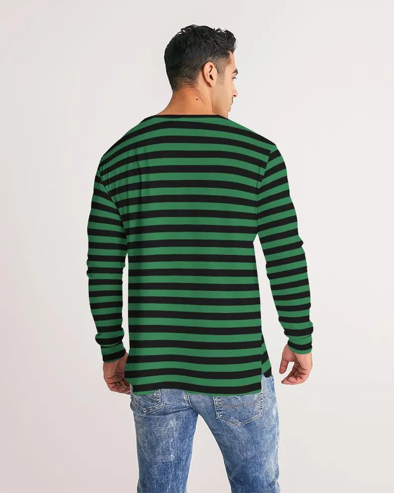 Black & Green Striped Long Sleeve T-Shirt | Unisex Grunge Aesthetic Crew Neck Tee