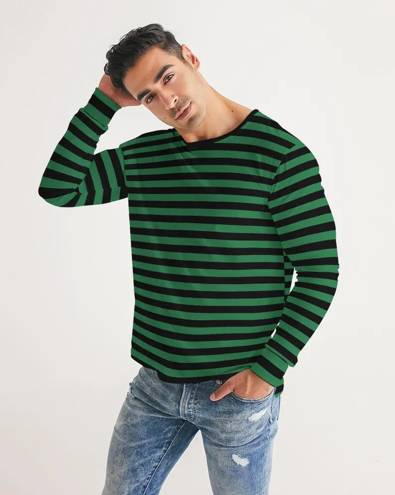 Black & Green Striped Long Sleeve T-Shirt | Unisex Grunge Aesthetic Crew Neck Tee