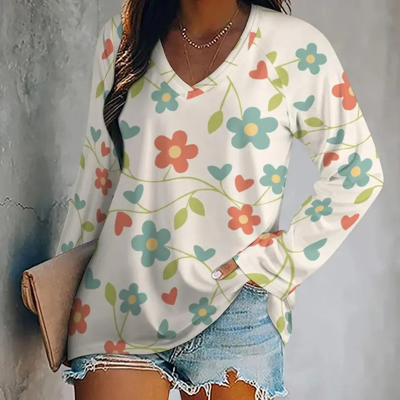 Women's Floral V-Neck Long Sleeve Blouse – Boho Casual Lightweight Floral Print Shirt