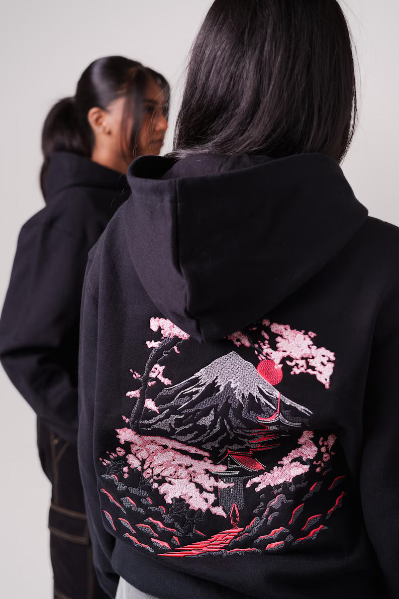 Embroidered Mount Fuji & Cherry Blossom Hoodie