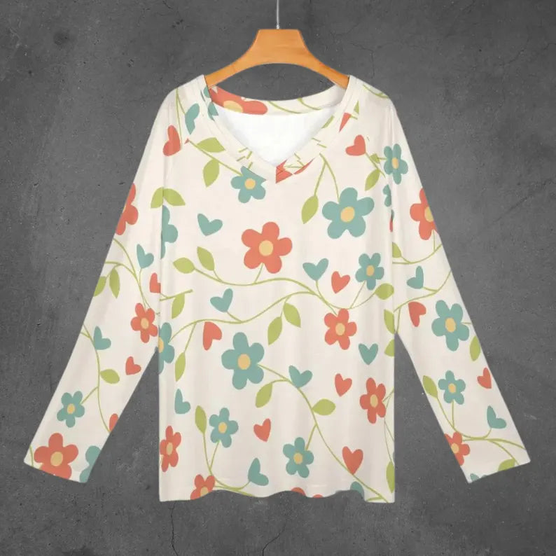 Women's Floral V-Neck Long Sleeve Blouse – Boho Casual Lightweight Floral Print Shirt