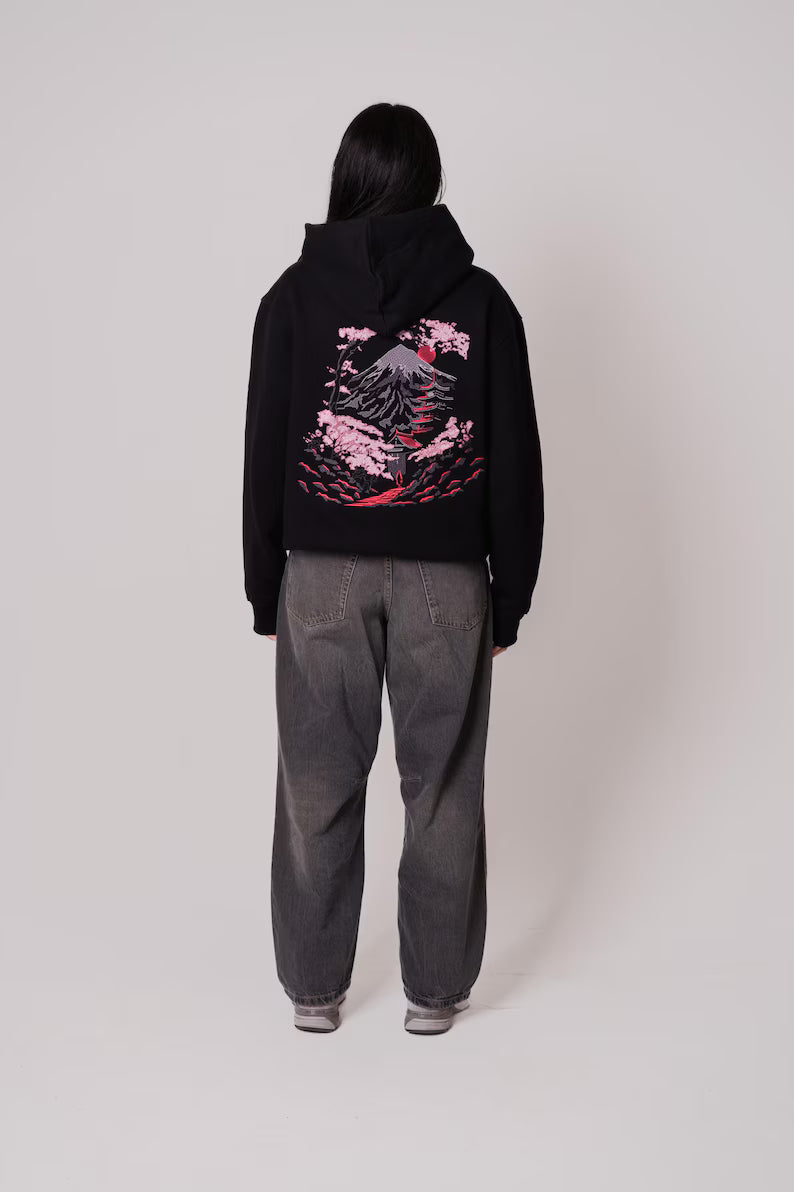 Embroidered Mount Fuji & Cherry Blossom Hoodie