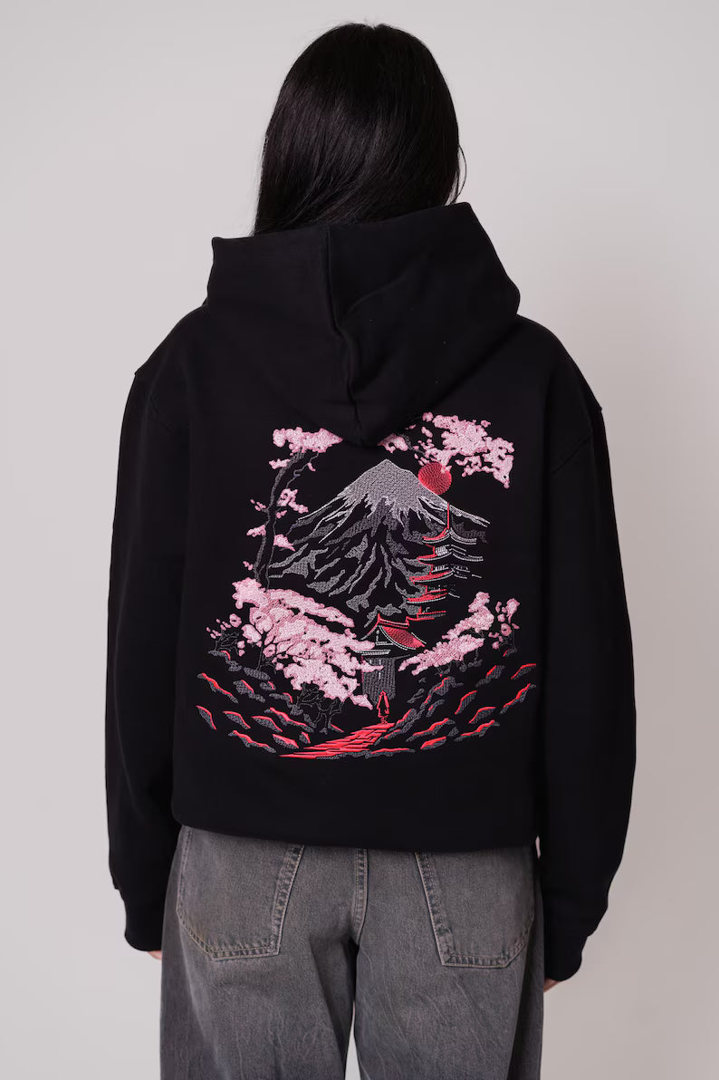 Embroidered Mount Fuji & Cherry Blossom Hoodie