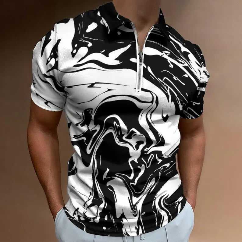 Men's Black & White Swirl Zip Polo Shir