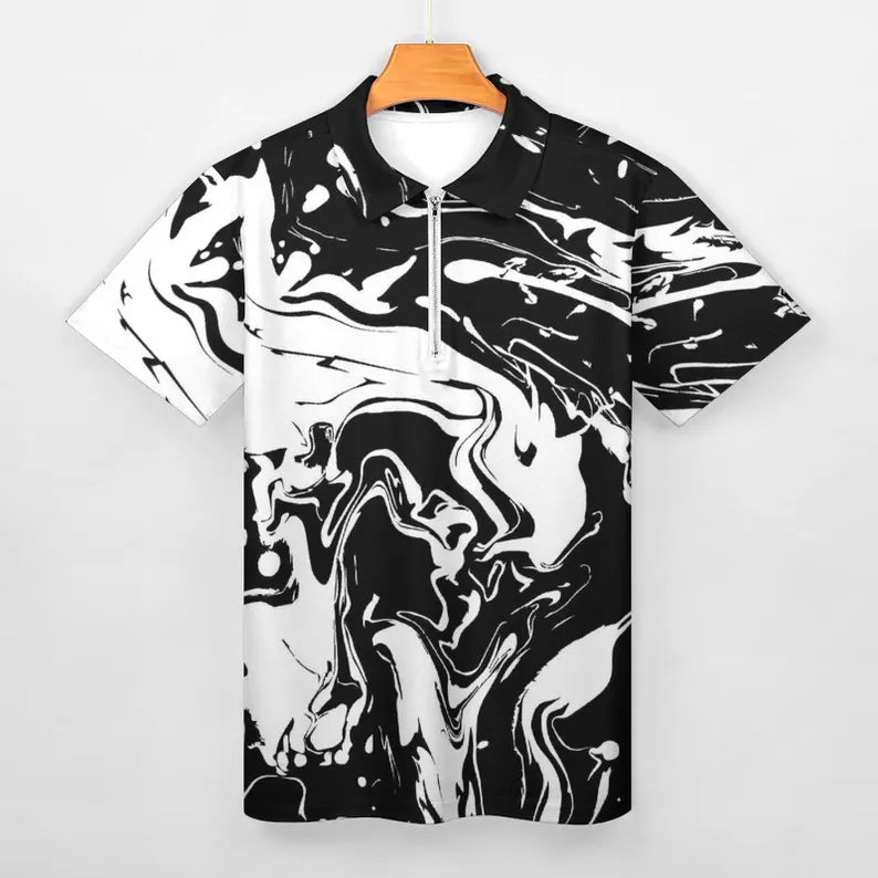 Men's Black & White Swirl Zip Polo Shir