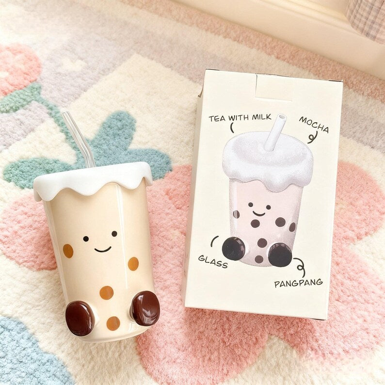 Cute Ceramic Boba & Coffee Travel Tumbler(450ml)