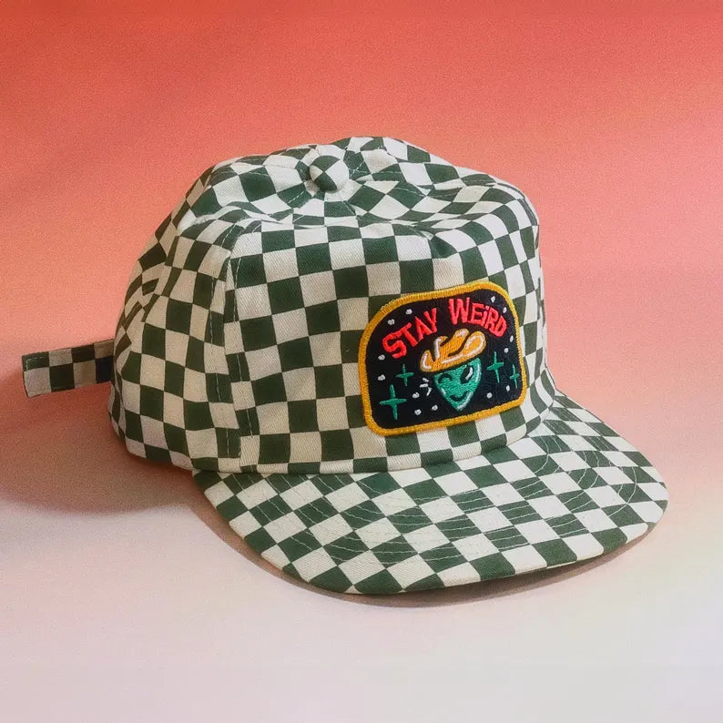"Stay Weird" 5-Panel Checkered Floppy Cap