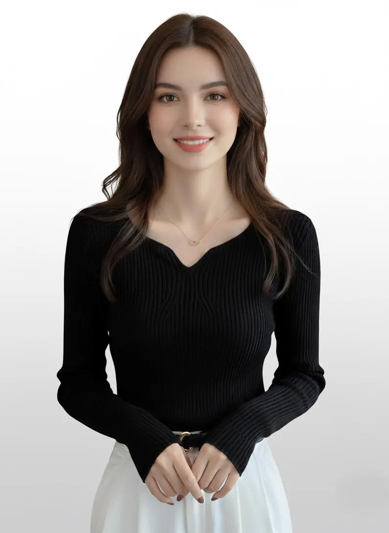 Women’s Ribbed Knit V-Neck Long Sleeve Top | Slim Fit Lightweight Pullover
