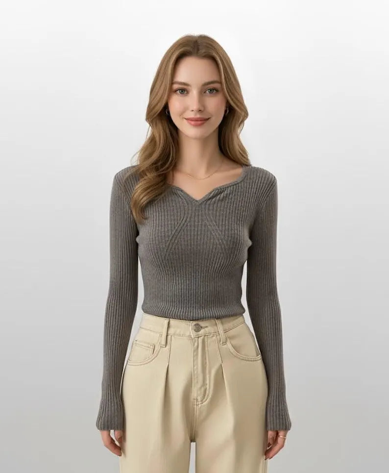 Women’s Ribbed Knit V-Neck Long Sleeve Top | Slim Fit Lightweight Pullover
