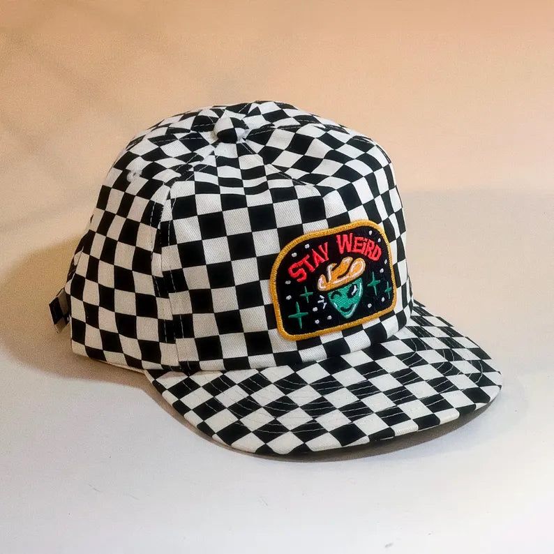 "Stay Weird" 5-Panel Checkered Floppy Cap
