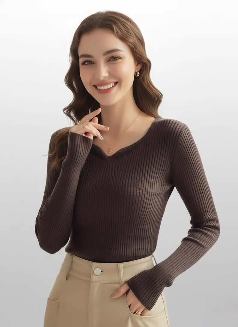 Women’s Ribbed Knit V-Neck Long Sleeve Top | Slim Fit Lightweight Pullover