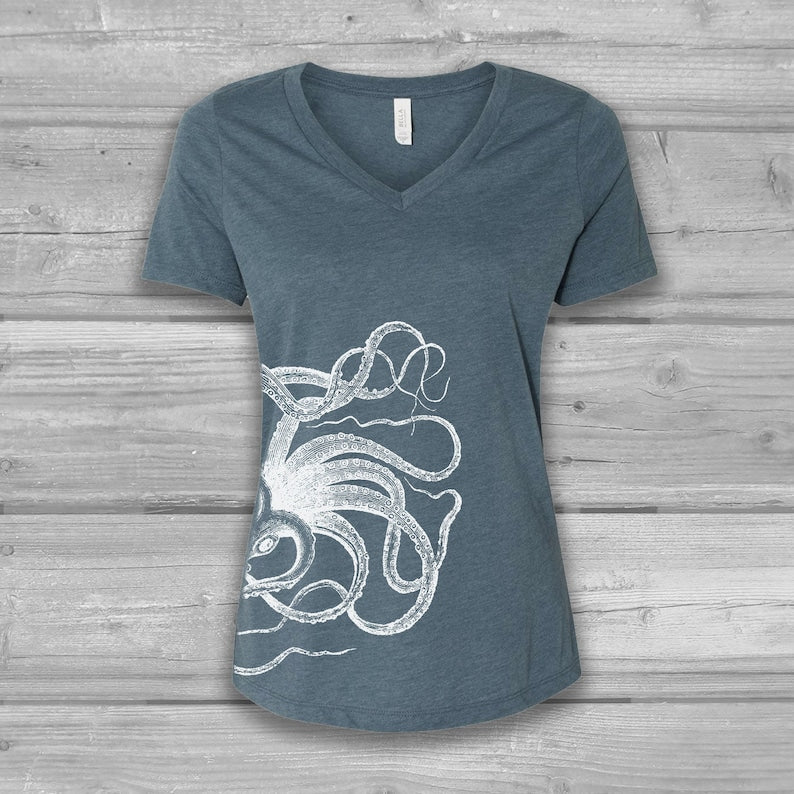 Women's Octopus V-Neck T-Shirt: Bella Flowy Soft Graphic Tee
