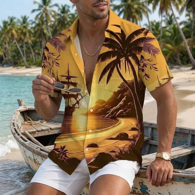 Men's Tropical Beach Aloha Graphic Summer Casual Hawaiian Shirt