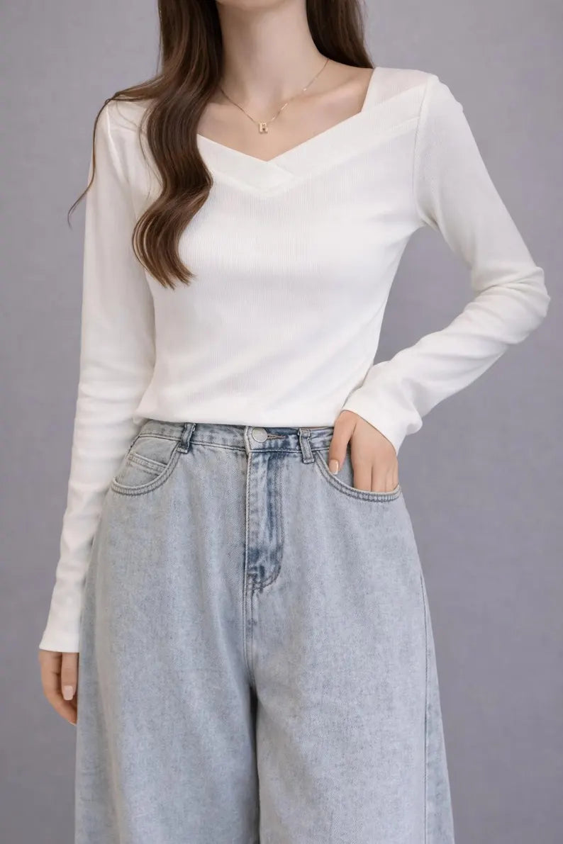 Women's Ribbed V-Neck Long Sleeve Cotton Blend Knit Shirt