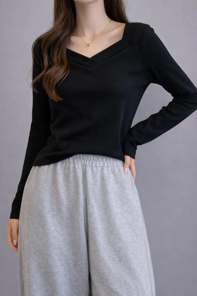 Women's Ribbed V-Neck Long Sleeve Cotton Blend Knit Shirt