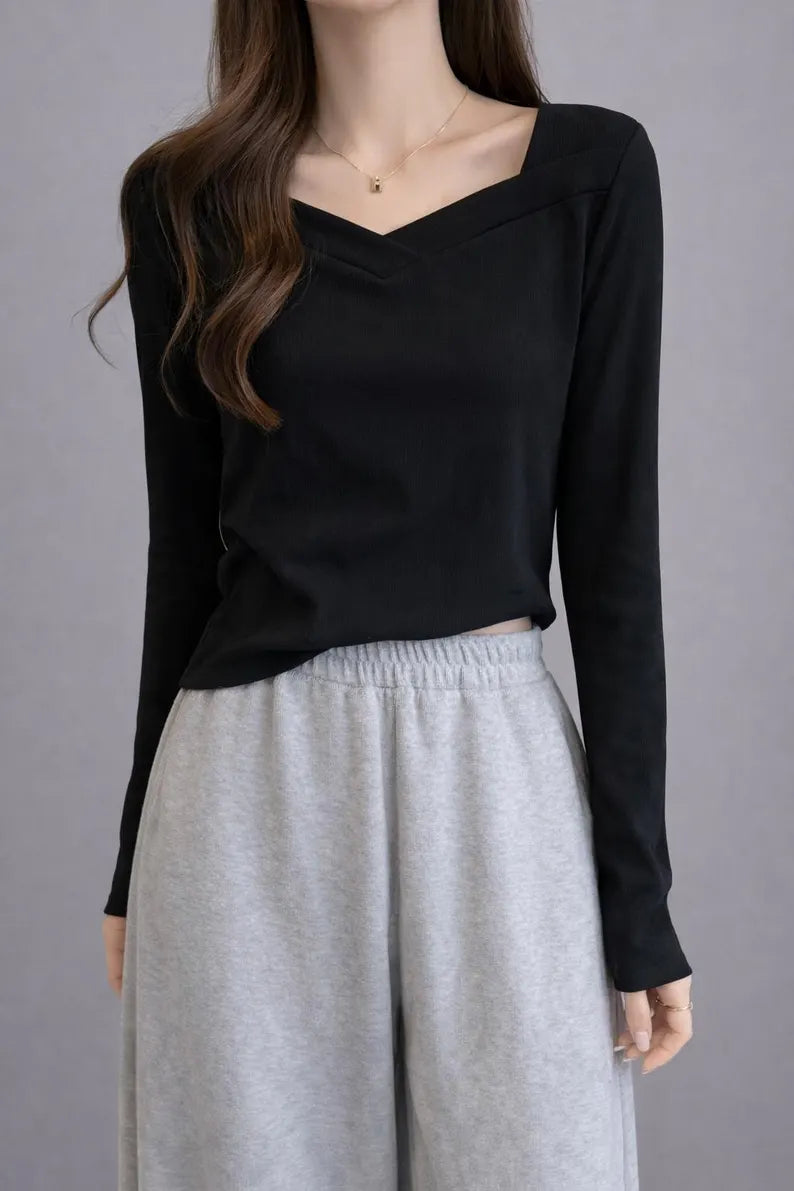 Women's Ribbed V-Neck Long Sleeve Cotton Blend Knit Shirt
