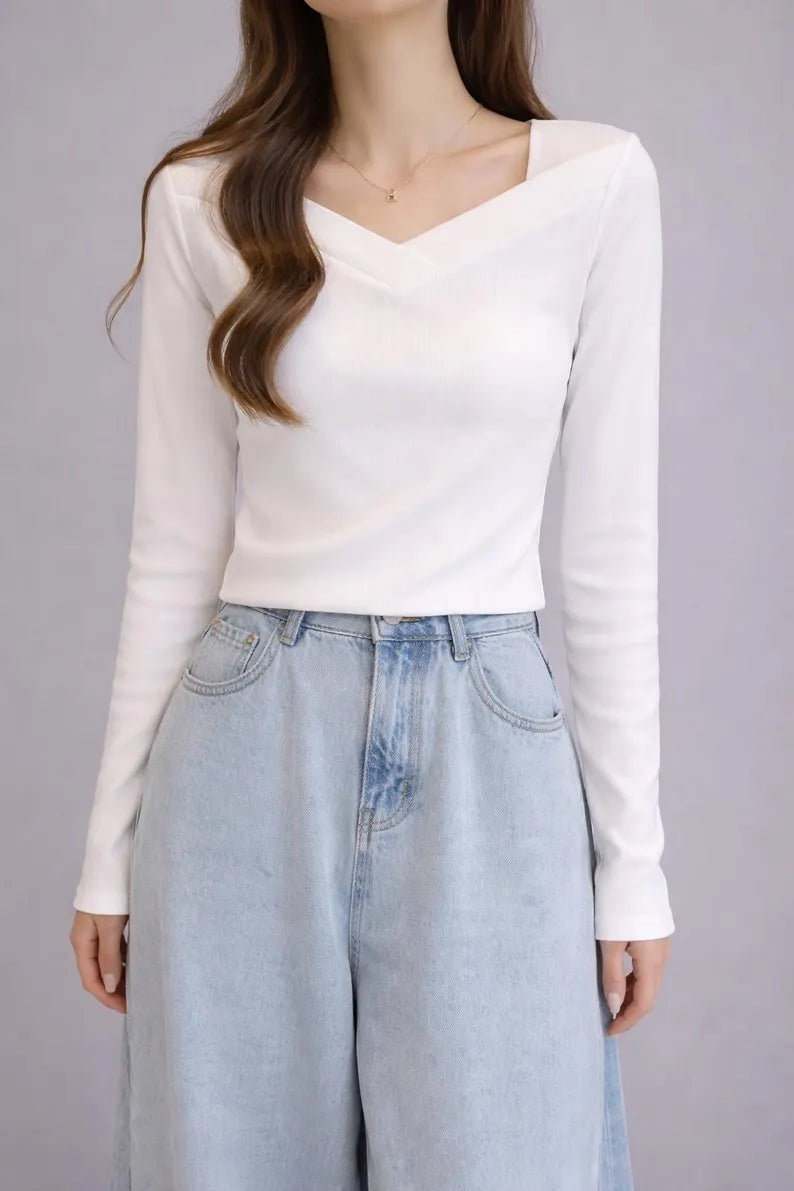 Women's Ribbed V-Neck Long Sleeve Cotton Blend Knit Shirt