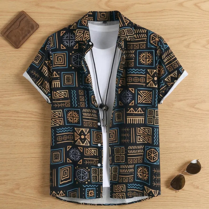 Men's Tribal Hawaiian Shirt Short Sleeve Boho Aztec Pattern Summer Casual Beach Top