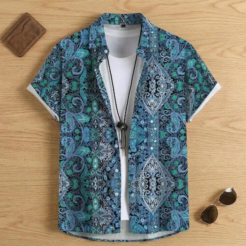 Men's Tribal Hawaiian Shirt Short Sleeve Boho Aztec Pattern Summer Casual Beach Top