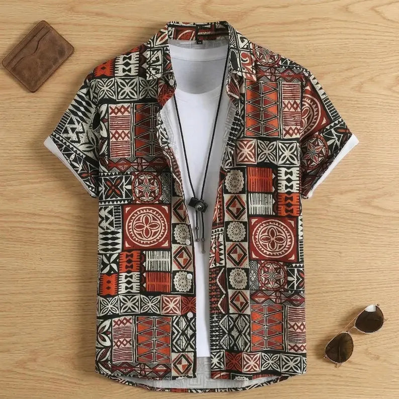 Men's Tribal Hawaiian Shirt Short Sleeve Boho Aztec Pattern Summer Casual Beach Top