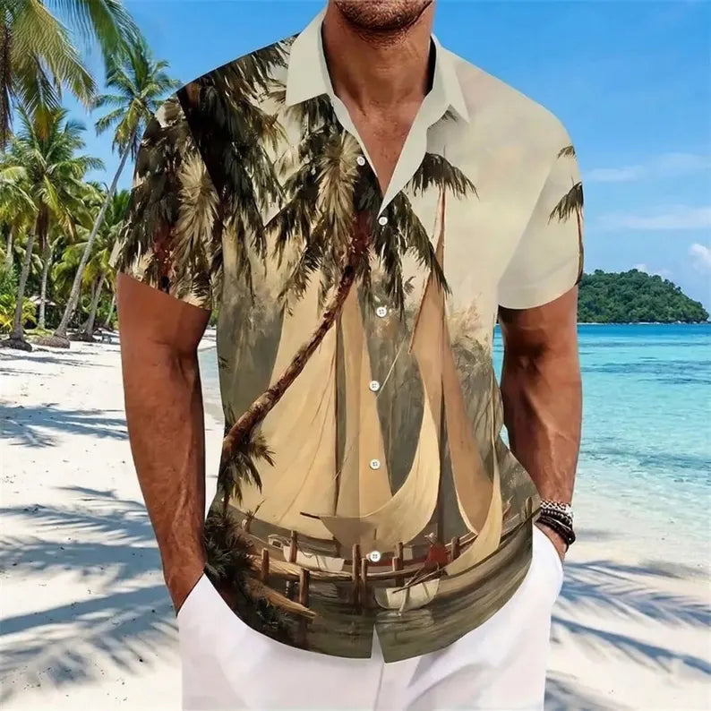 Men's Tropical Beach Aloha Graphic Summer Casual Hawaiian Shirt