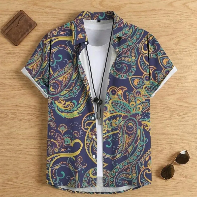 Men's Tribal Hawaiian Shirt Short Sleeve Boho Aztec Pattern Summer Casual Beach Top