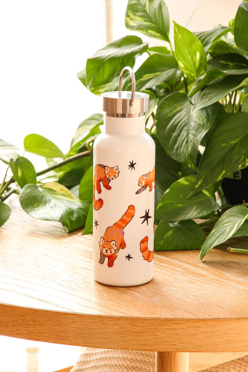 Stainless Steel Water Bottle with Cute Red Panda Illustration | Insulated Travel Tumbler