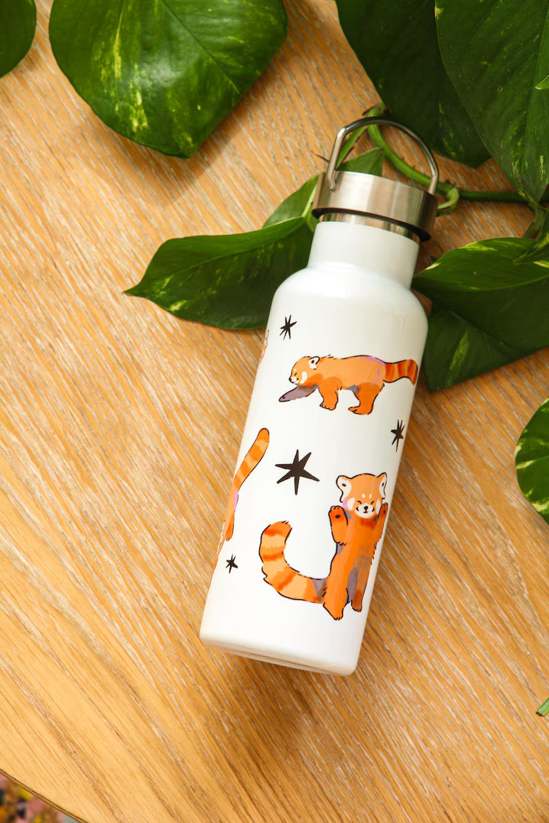 Stainless Steel Water Bottle with Cute Red Panda Illustration | Insulated Travel Tumbler