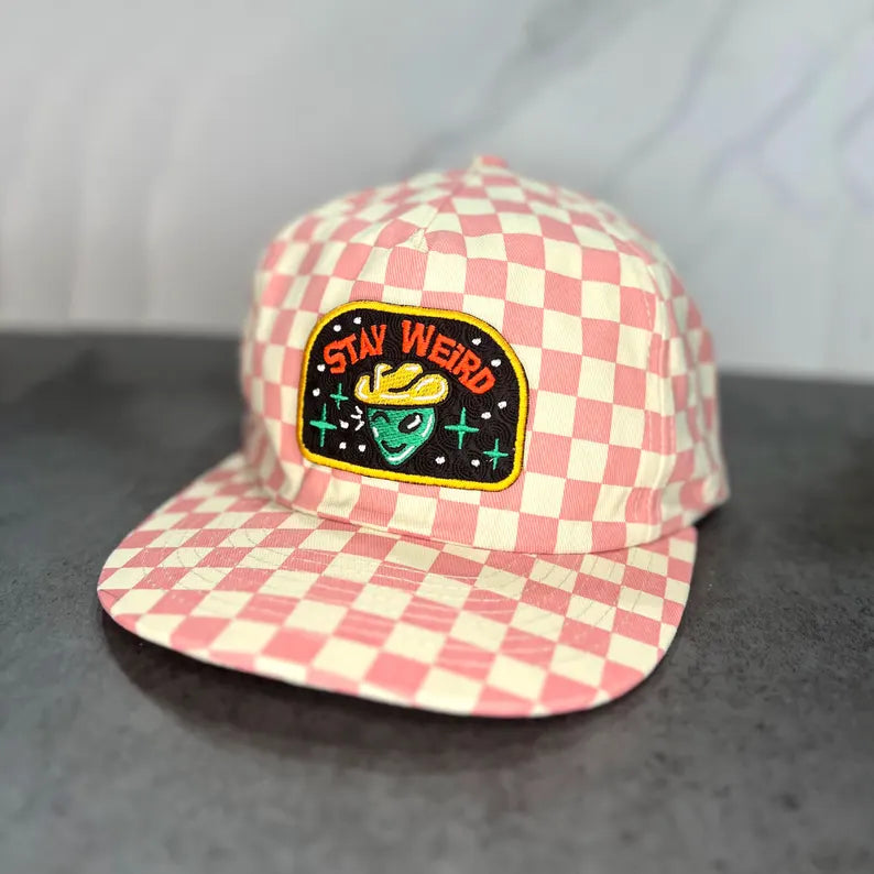 "Stay Weird" 5-Panel Checkered Floppy Cap