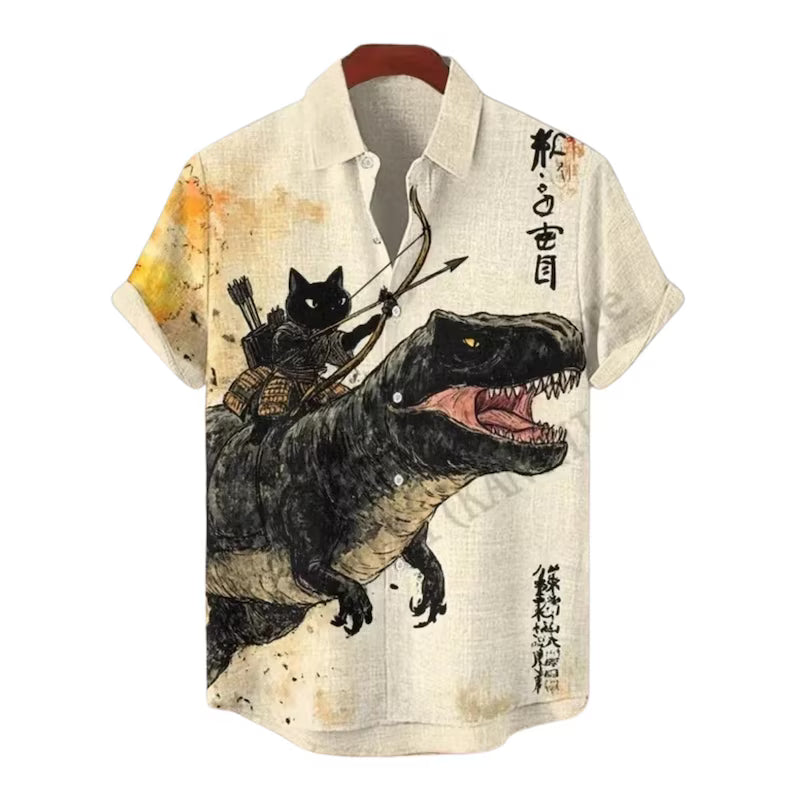 Samurai Cat Riding T-Rex Hawaiian Shirt
