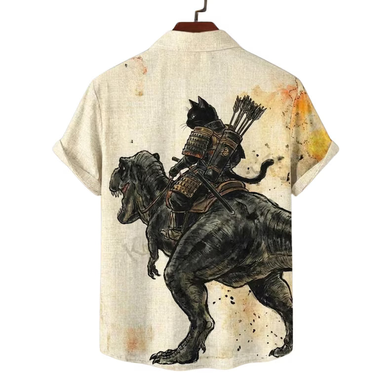 Samurai Cat Riding T-Rex Hawaiian Shirt