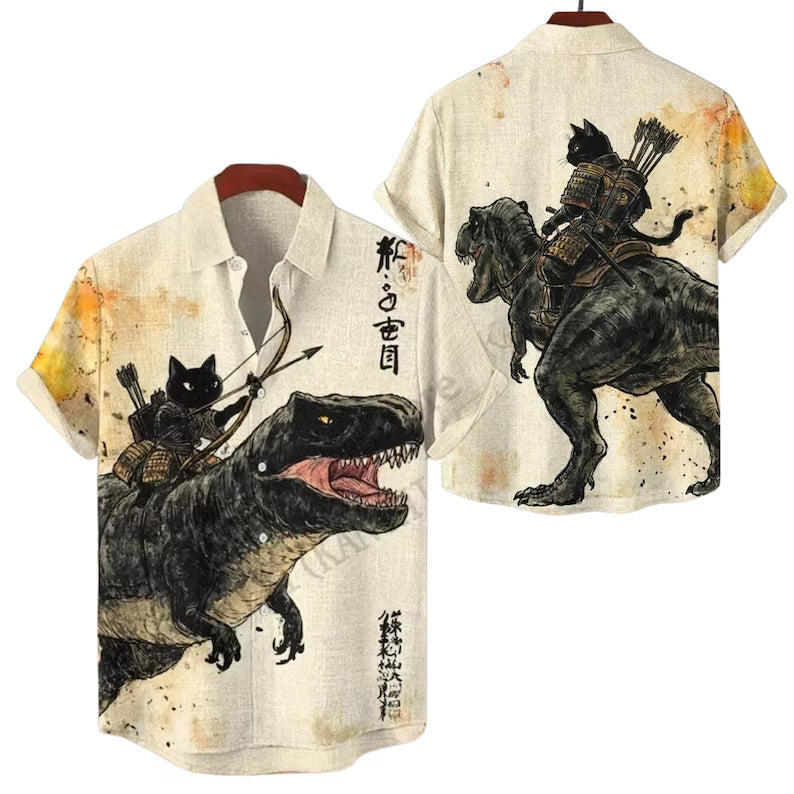 Samurai Cat Riding T-Rex Hawaiian Shirt