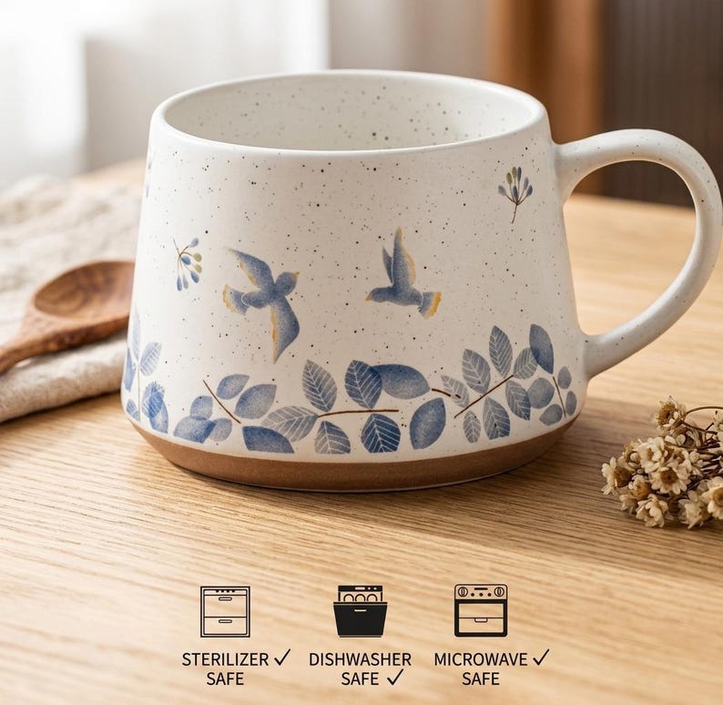 Ceramic Mug Set Handmade: Blue Floral Botanical Tea Cups