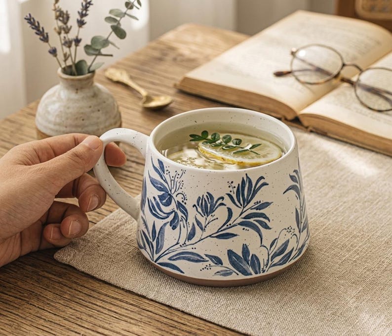 Ceramic Mug Set Handmade: Blue Floral Botanical Tea Cups