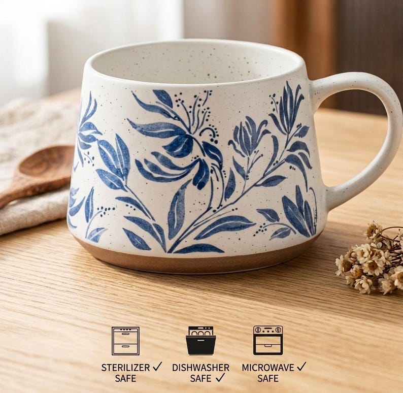Ceramic Mug Set Handmade: Blue Floral Botanical Tea Cups